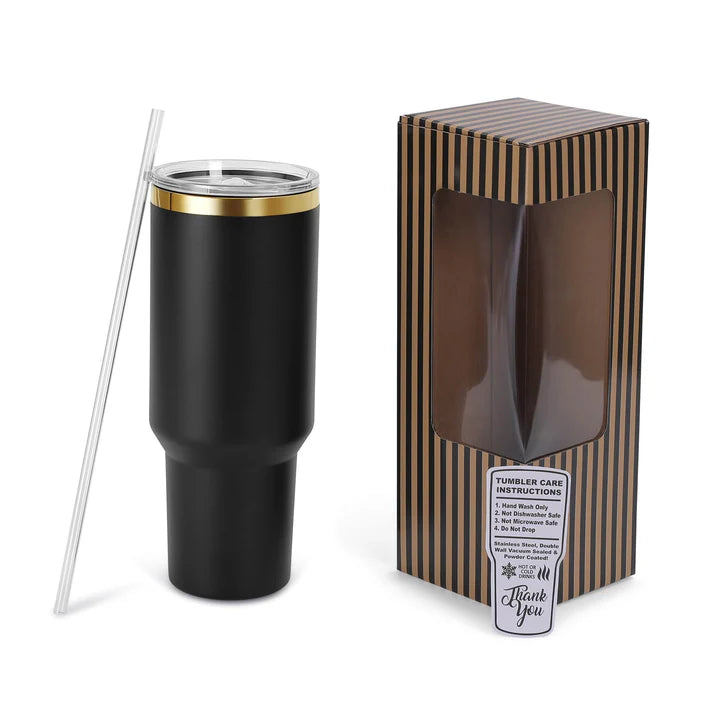 Tumbler Térmico Personalizado con Asa, Tapa y Popote – Acabado Oro