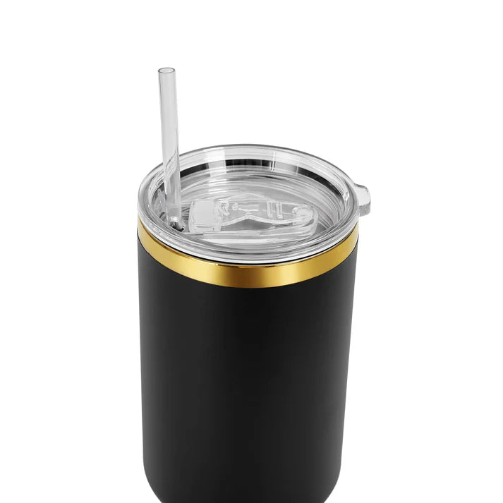 Tumbler Térmico Personalizado con Asa, Tapa y Popote – Acabado Oro
