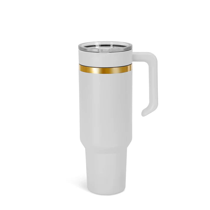 Tumbler Térmico Personalizado con Asa, Tapa y Popote – Acabado Oro